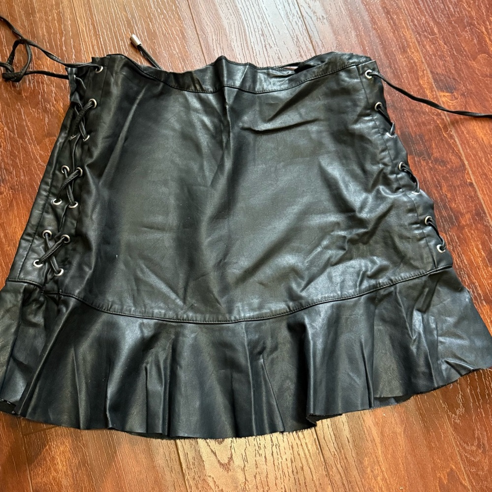 Zara Black Leather Mini Skirt with Lace-Up Sides